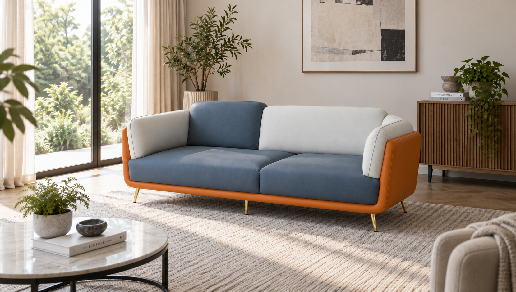 Sofa shaped around your own fabric and finish in a warm, styled living room