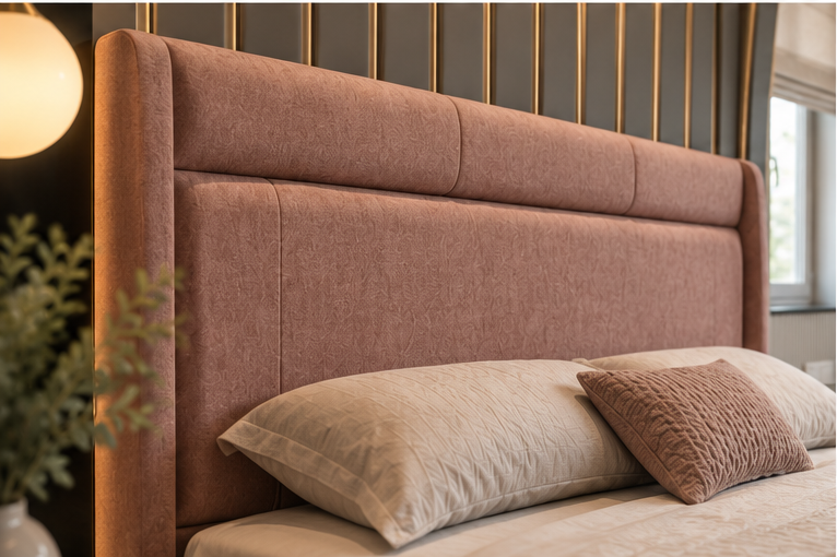 Close view of a channel-tufted headboard with linen pillows
