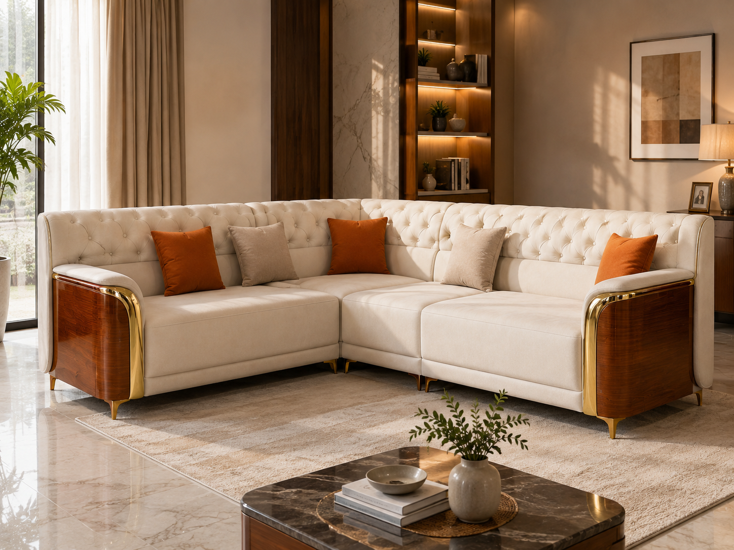 Warm living room in late-afternoon light, styled around a wood-and-gold detailed sofa